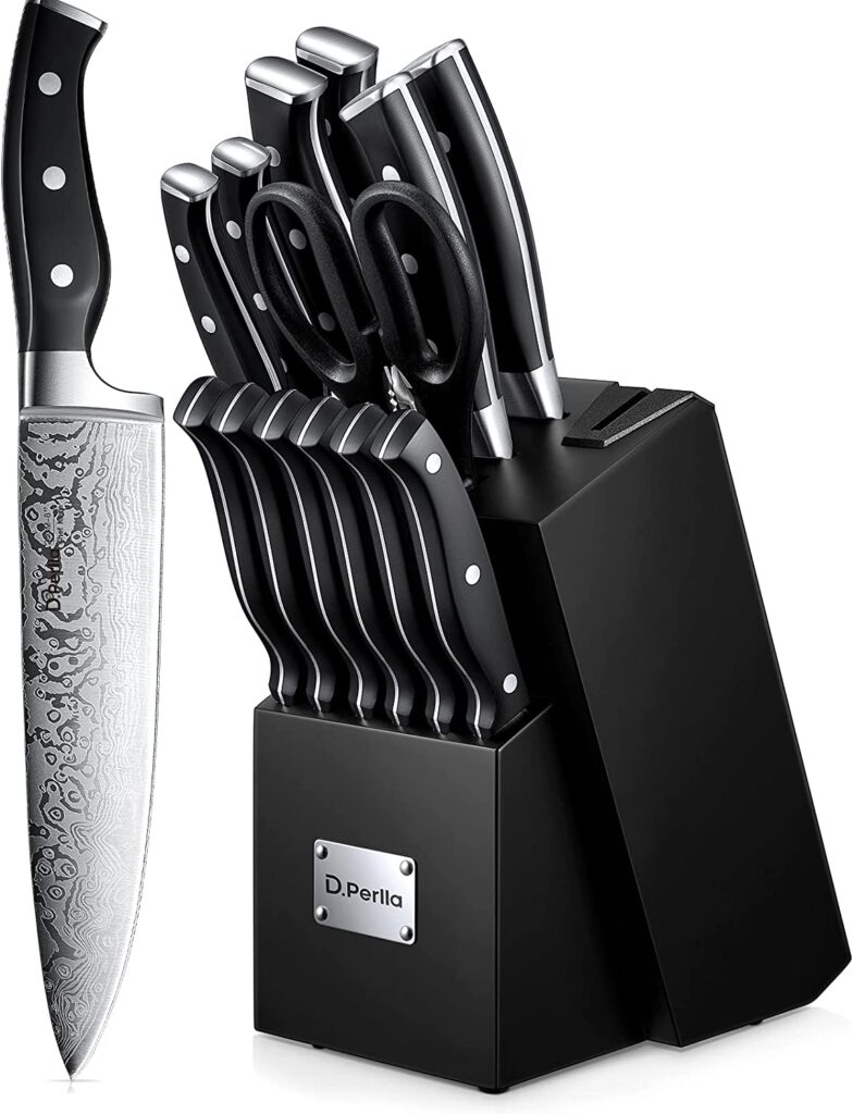 D.Perlla Knife Set 14 Pieces Kitchen Knives Set with Self Sharpening Wooden Block