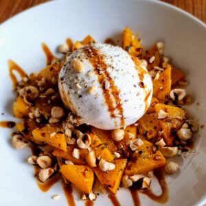 Burrata With Roasted Butternut Squash and Hazelnuts.