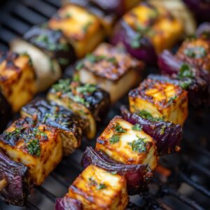 Middle Eastern Harissa Halloumi Skewers with Aubergine And Red Onion