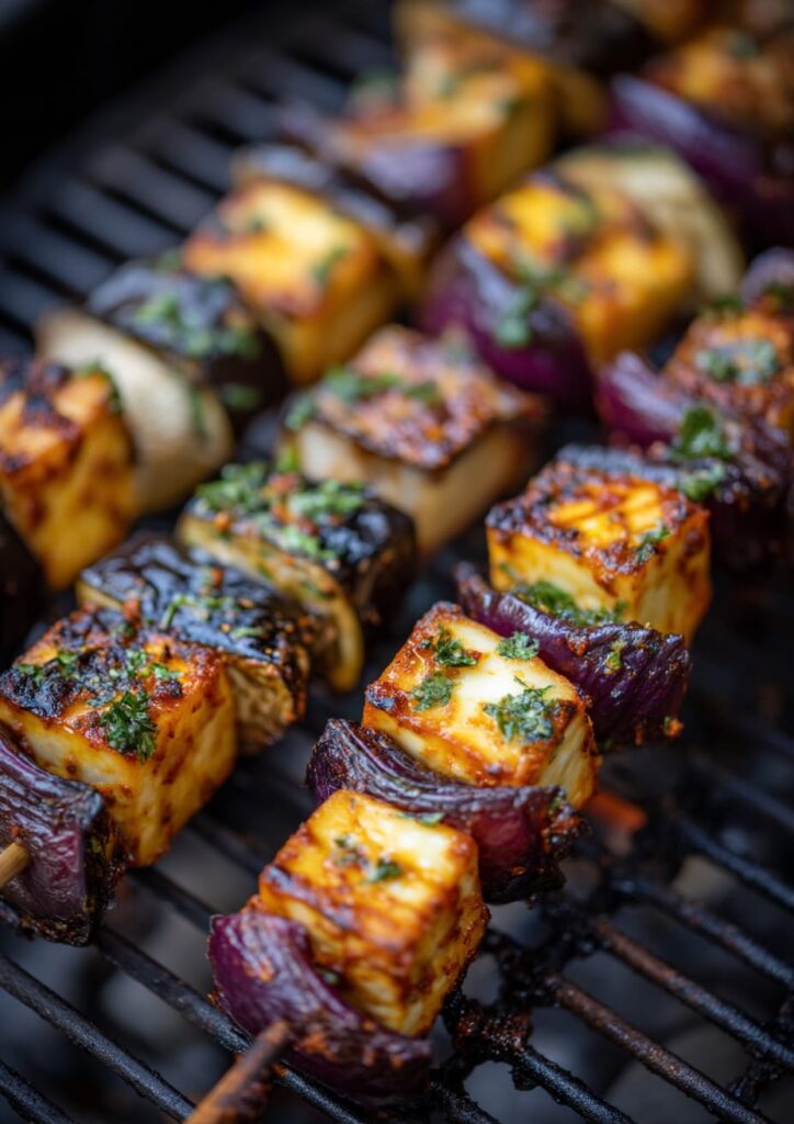 Middle Eastern Harissa Halloumi Skewers with Aubergine And Red Onion