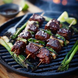 Beef Skewers with Garlic Soy Marinade and Charred Spring Onions