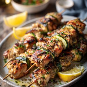 Chicken Thigh Skewers with Lemon Za’atar and Charred Courgette