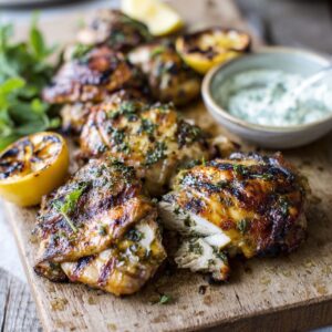 Chicken Thighs with Herby Yoghurt Marinade and Charred Lemon