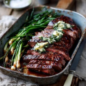 Grilled Bavette Steak with Garlic-Chilli Butter and Charred Spring Onions
