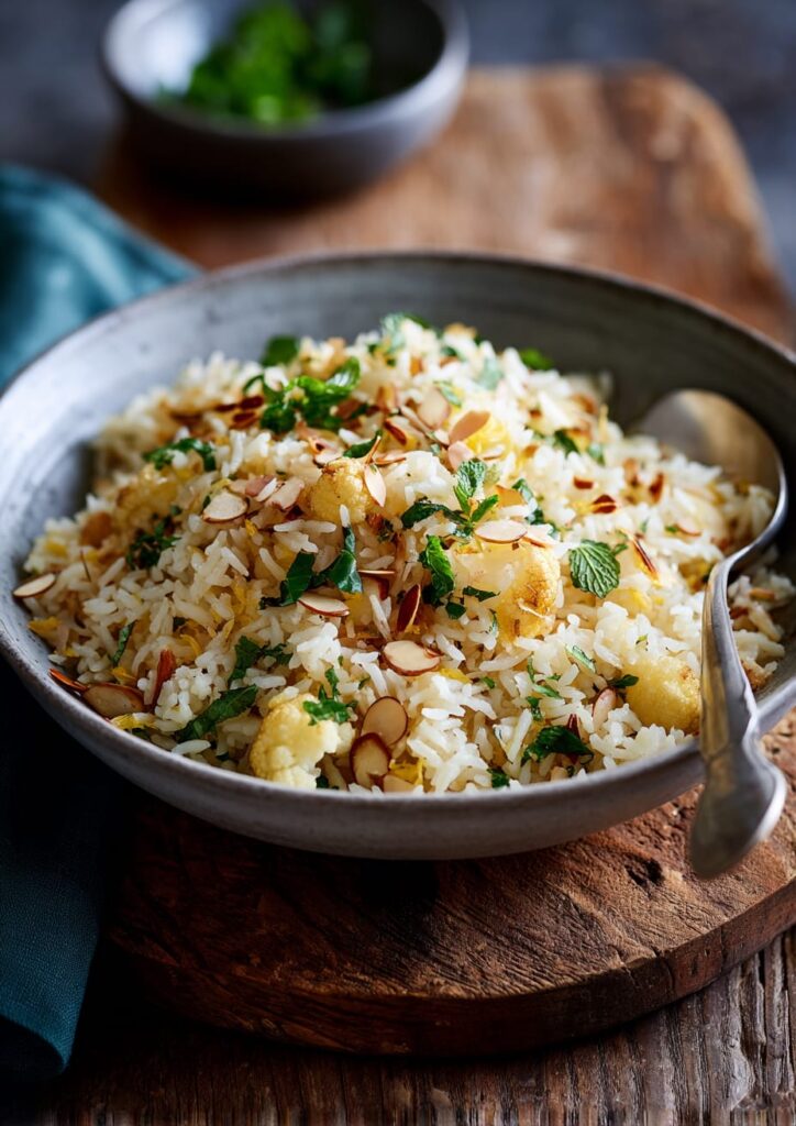 Preserved Lemon Cauliflower Pilaf with Toasted Almonds and Herbs