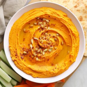 Spiced Carrot Hummus with Cumin, Coriander and Garlic