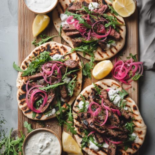 BBQ Beef Flatbreads with Pickled Onion and Herbed Yoghurt
