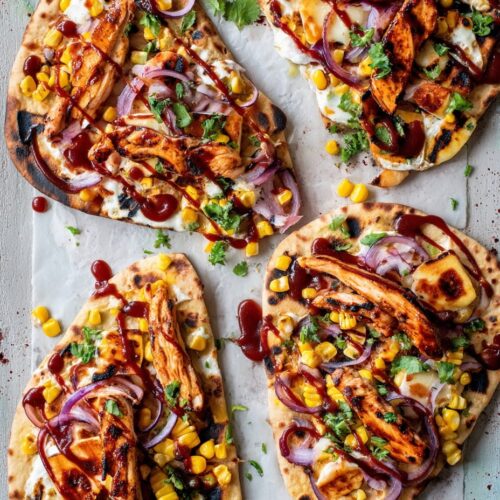 BBQ Chicken and Halloumi Flatbread with Sweetcorn and Onions