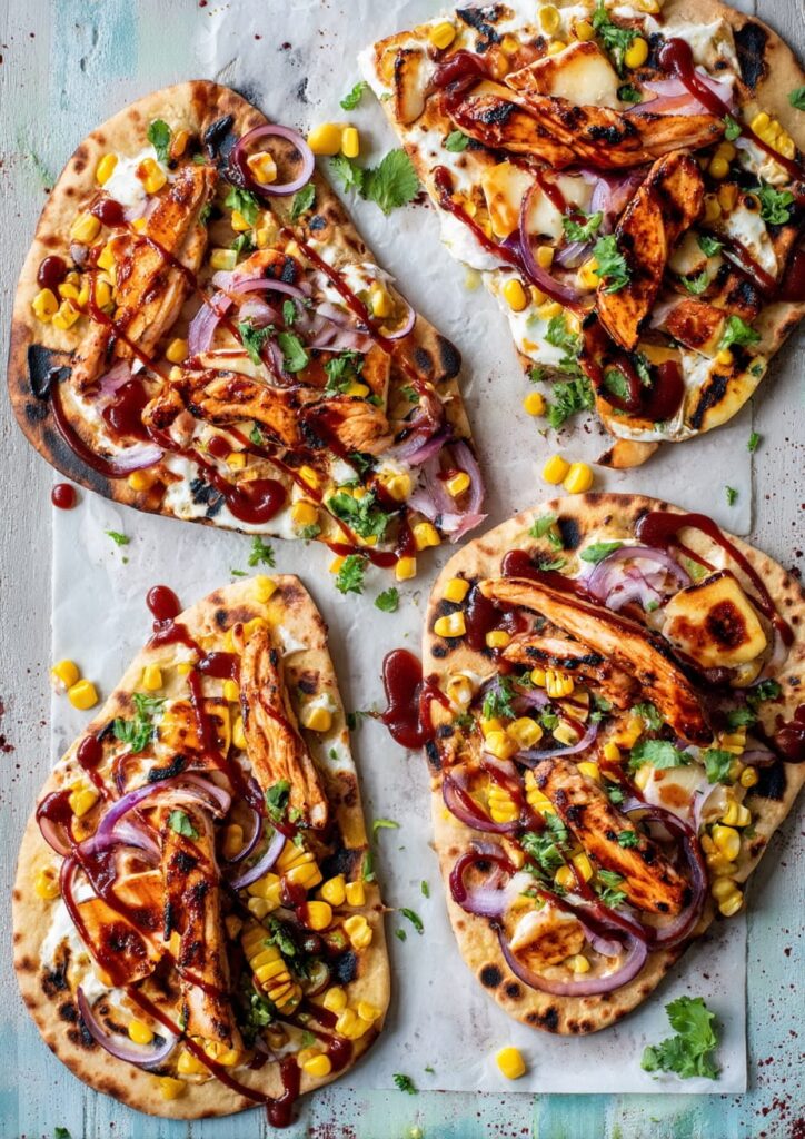 BBQ Chicken and Halloumi Flatbread with Sweetcorn and Onions