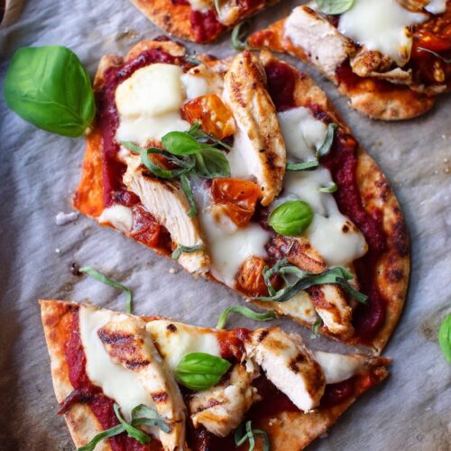 Chicken and Halloumi Flatbread Pizza-Style with Mozzarella