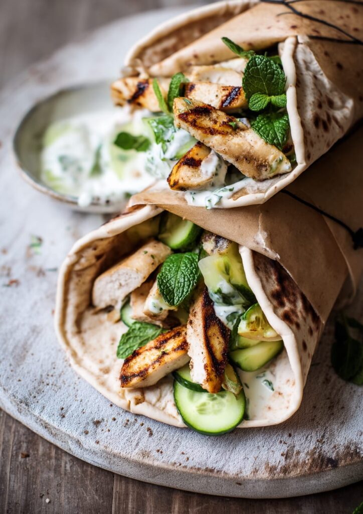 Chicken and Halloumi Flatbread Wrap with Fresh Mint and Cucumber