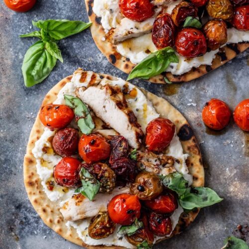 Chicken and Halloumi Flatbread with Roasted Tomatoes and Basil
