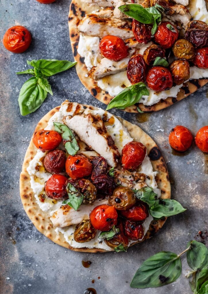 Chicken and Halloumi Flatbread with Roasted Tomatoes and Basil