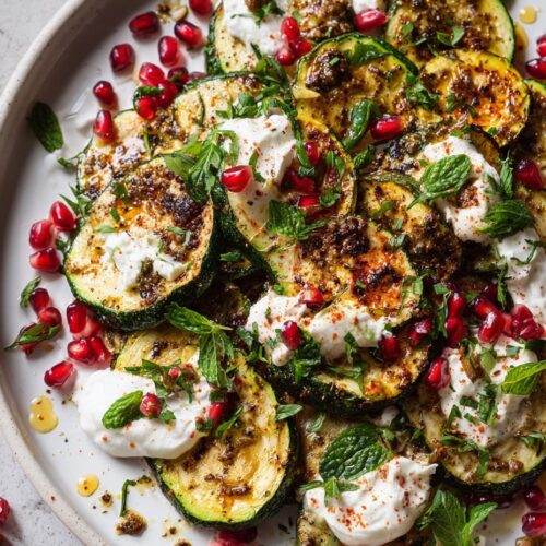 Courgettes with Za’atar, Roasted Garlic, and Labneh