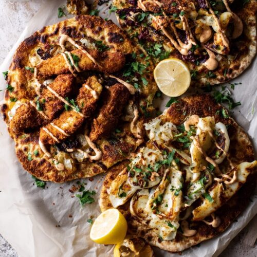 Crispy Chicken and Halloumi Flatbread with Harissa Mayo