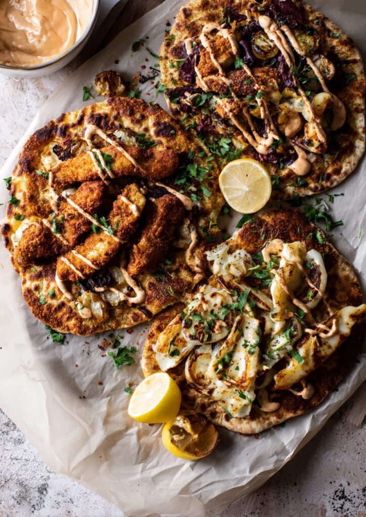 Crispy Chicken and Halloumi Flatbread with Harissa Mayo