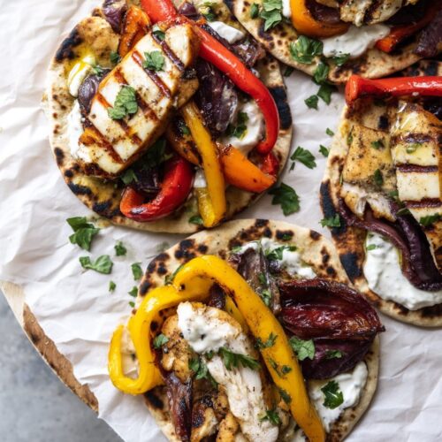 Grilled Chicken and Halloumi Flatbread with Charred Peppers