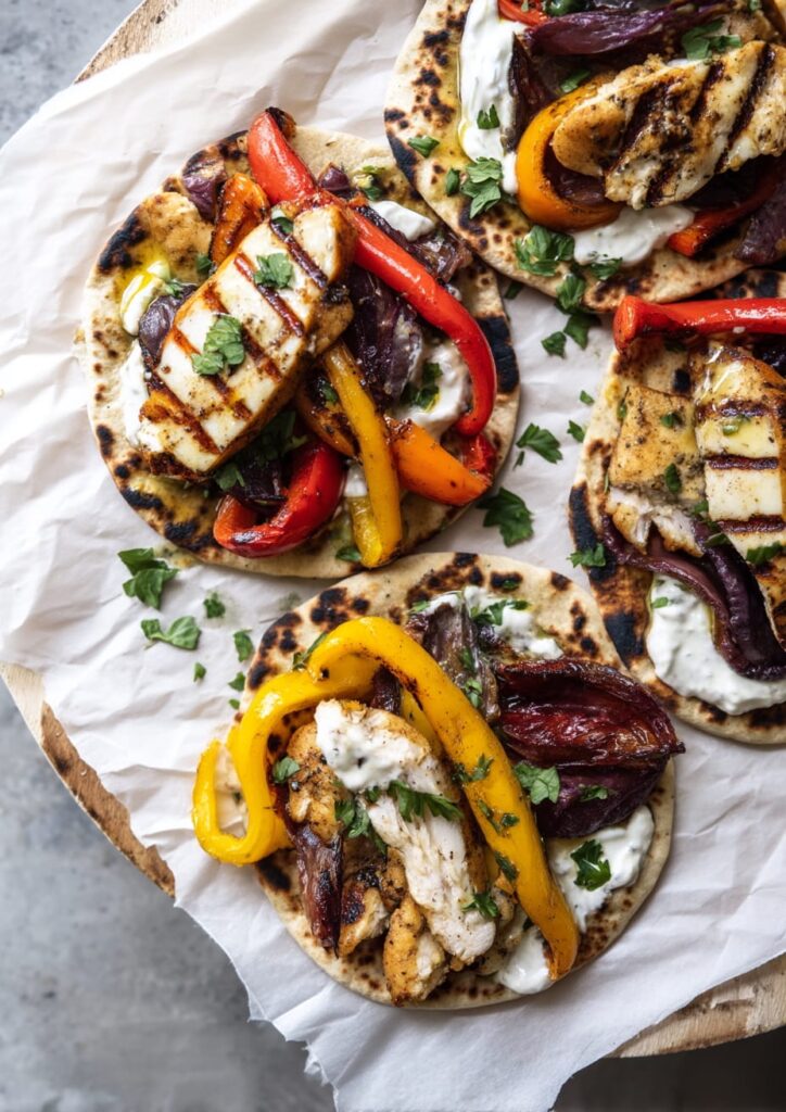 Grilled Chicken and Halloumi Flatbread with Charred Peppers
