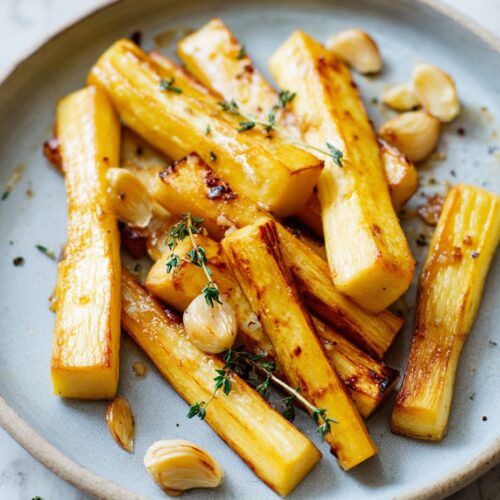 Honey roasted parsnips with thyme and garlic