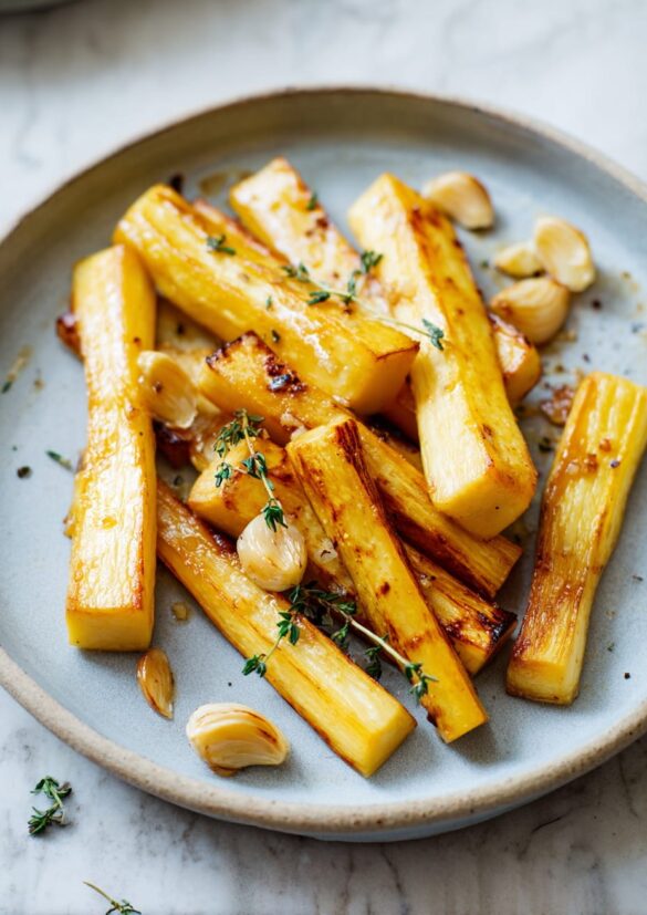 Honey roasted parsnips with thyme and garlic