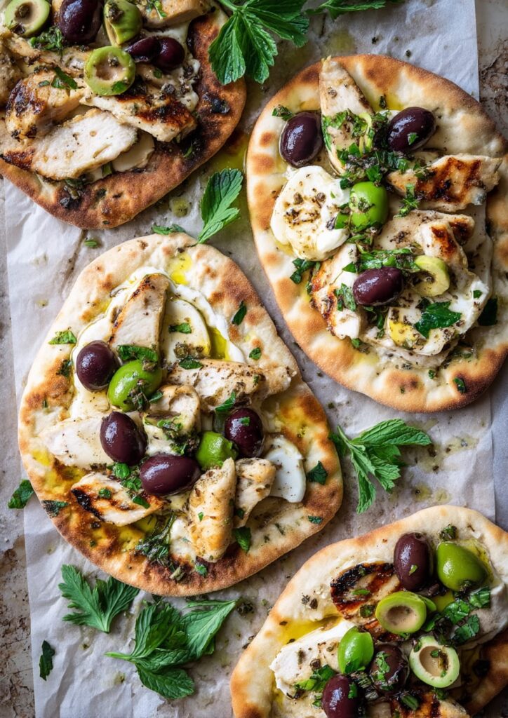 Mediterranean Chicken and Halloumi Flatbread with Olives and Herbs