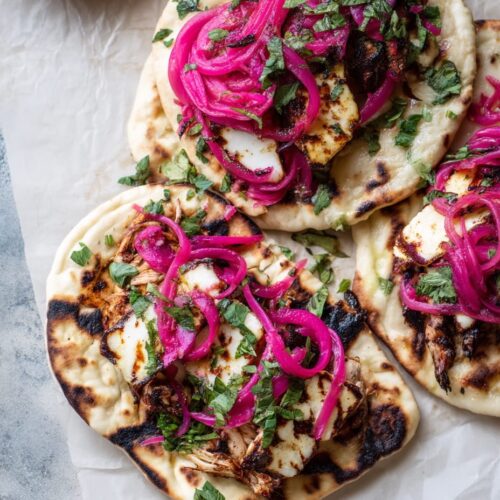 Pulled Chicken and Halloumi Flatbread with Pickled Red Onions