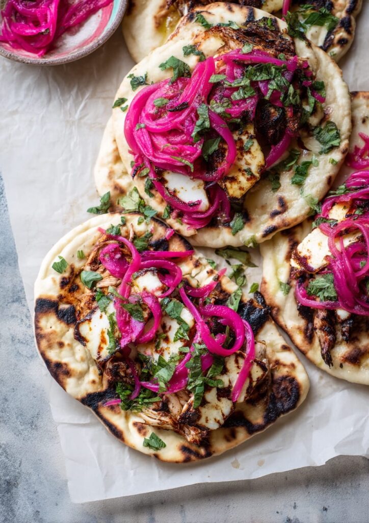 Pulled Chicken and Halloumi Flatbread with Pickled Red Onions