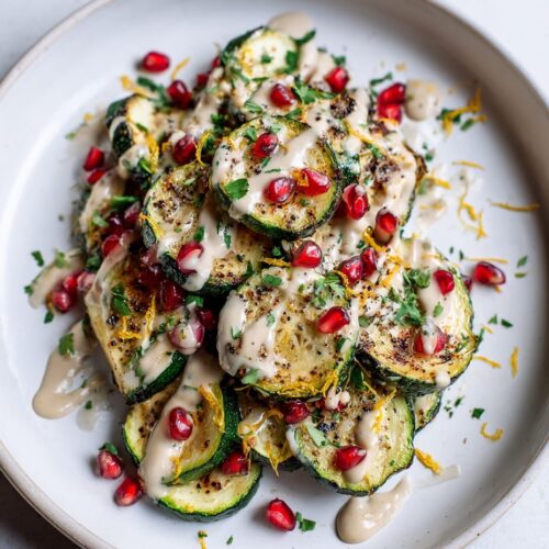 Roasted Courgettes with Tahini, Lemon, and Pomegranate Seeds