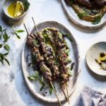 Charcoal-grilled lamb koftas with smoky aubergine