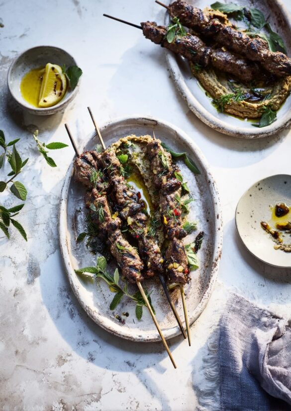 Charcoal-grilled lamb koftas with smoky aubergine