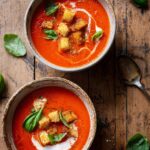 Creamy Tomato Basil Soup with Garlic Croutons and Cream