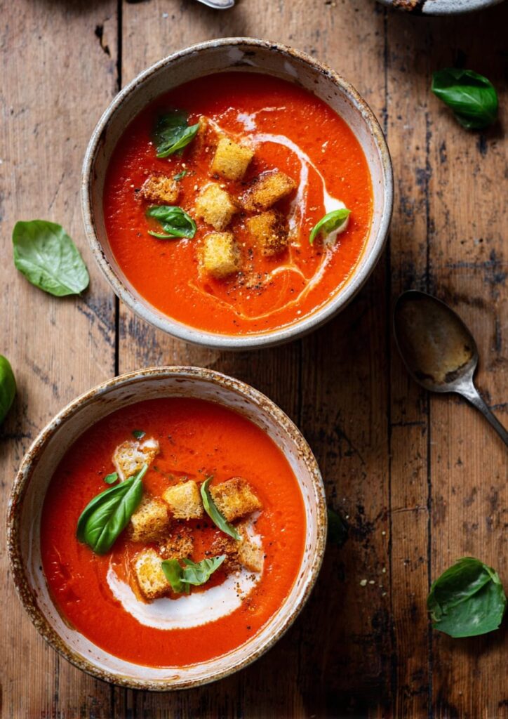 Creamy Tomato Basil Soup with Garlic Croutons and Cream