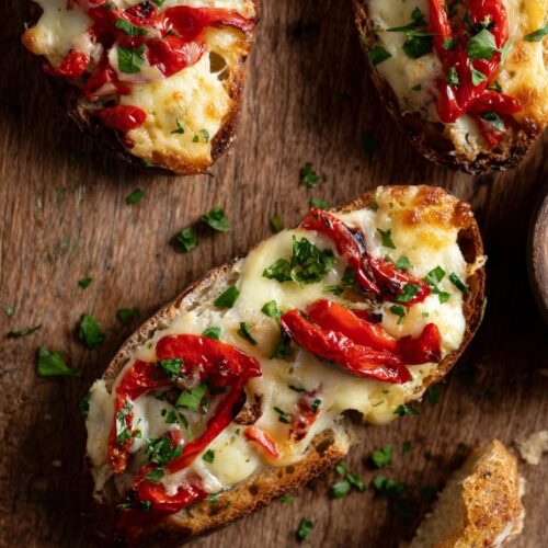 Crispy Mahón Cheese Crostini with Roasted Peppers