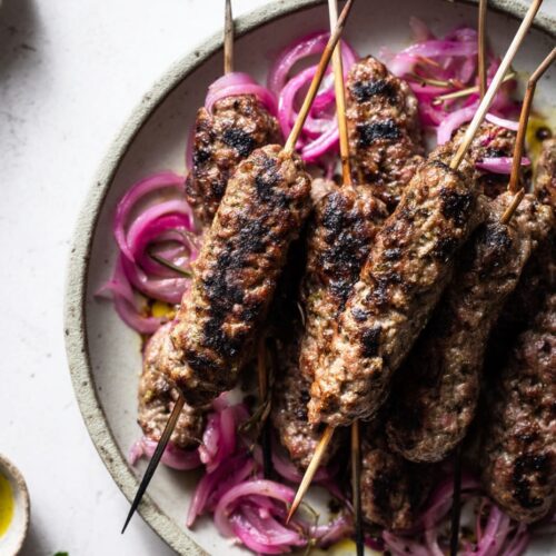 Grilled lamb koftas with sumac onions