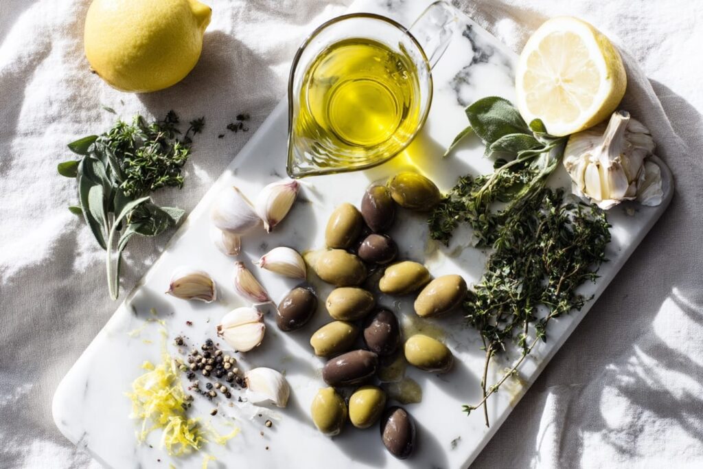 Ingredients for Spanish Olive Tapenade with Garlic and Herbs