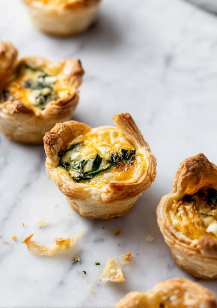 Mini Puff Pastry Quiches with Spinach and Cheddar
