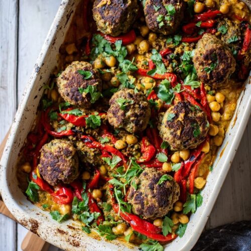 Oven-baked lamb koftas with spiced chickpeas
