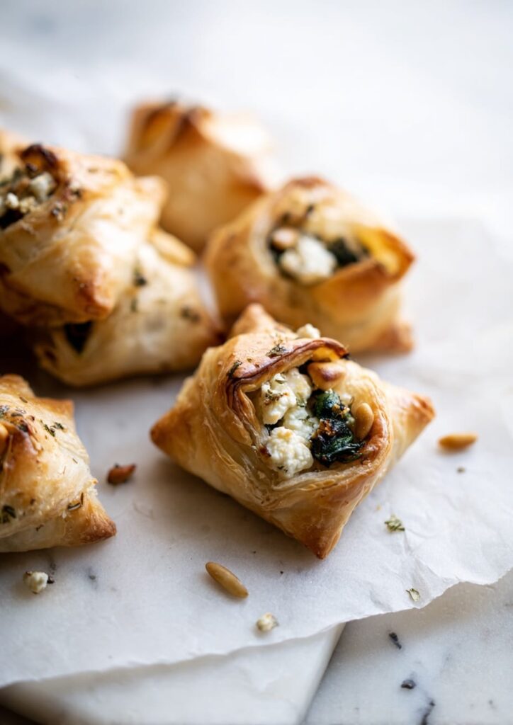 Puff Pastry Bites with Feta, Spinach and Pine Nuts