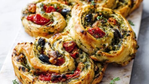 Puff Pastry Spirals with Pesto, Sun-Dried Tomato and Olive