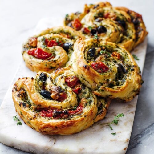 Puff Pastry Spirals with Pesto, Sun-Dried Tomato and Olive