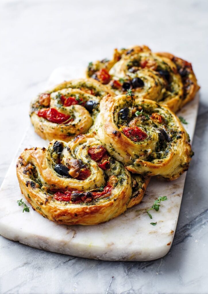 Puff Pastry Spirals with Pesto, Sun-Dried Tomato and Olive