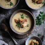 Roasted Cauliflower and Garlic Soup with Parmesan Crisp