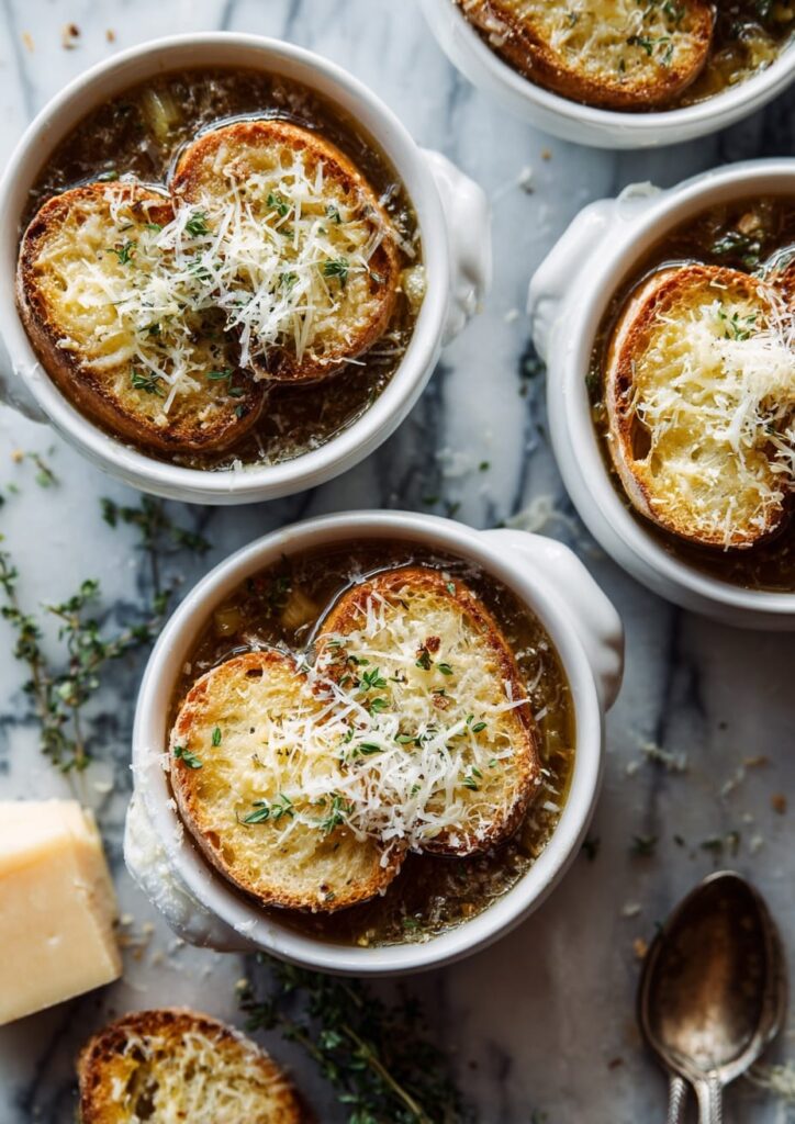 Slow-Cooked French Onion Soup with Melted Gruyère Topping
