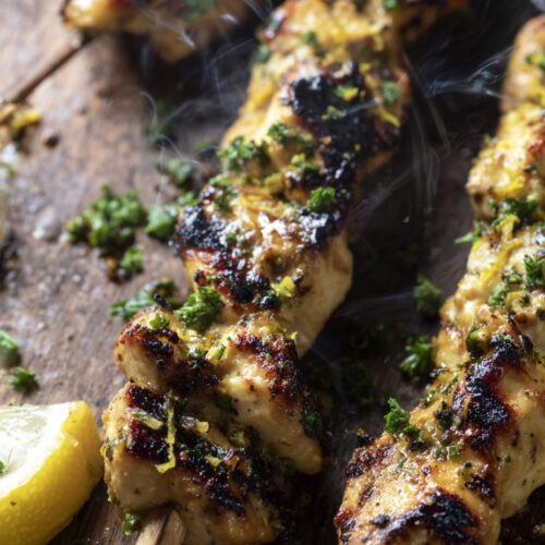 Charcoal Grilled Lebanese Chicken Skewers with Parsley