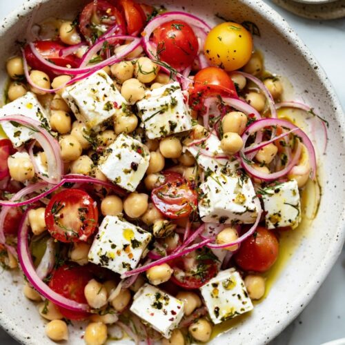 Chickpea Greek Salad with Feta and Red Onion