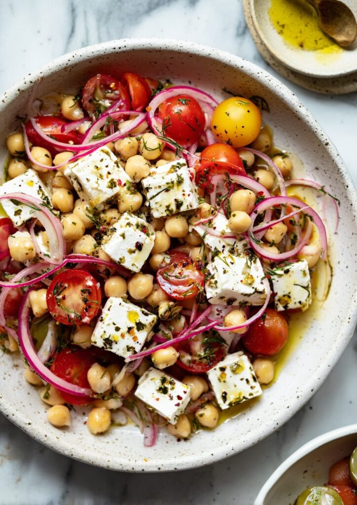 Chickpea Greek Salad with Feta and Red Onion