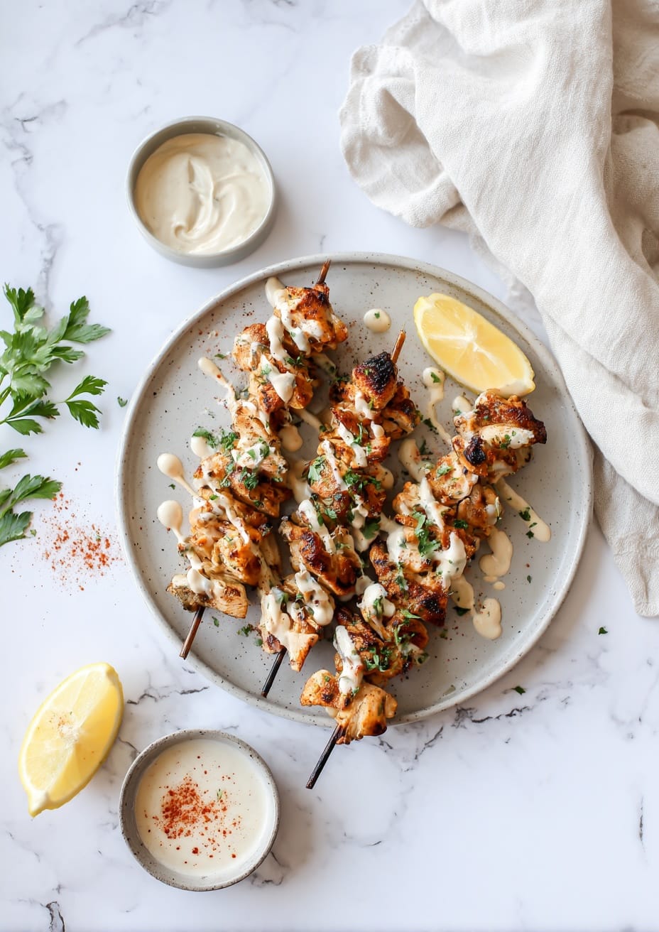 Lebanese Chicken Skewers with Garlic Tahini Drizzle Lebanese Chicken Skewers with Garlic Tahini Drizzle