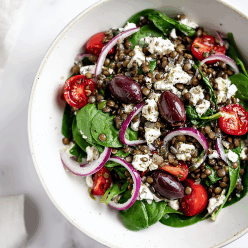 Lentil Greek Salad with Feta and Spinach