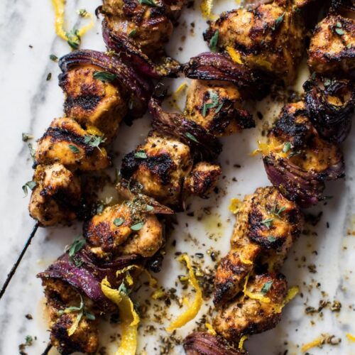 Sumac and Za’atar Chicken Skewers with Charred Onions