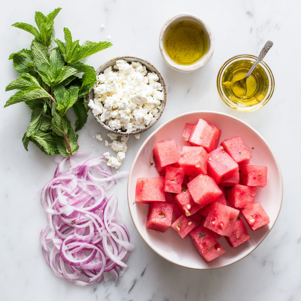 Watermelon Greek Salad with Feta and Mint Ingredients